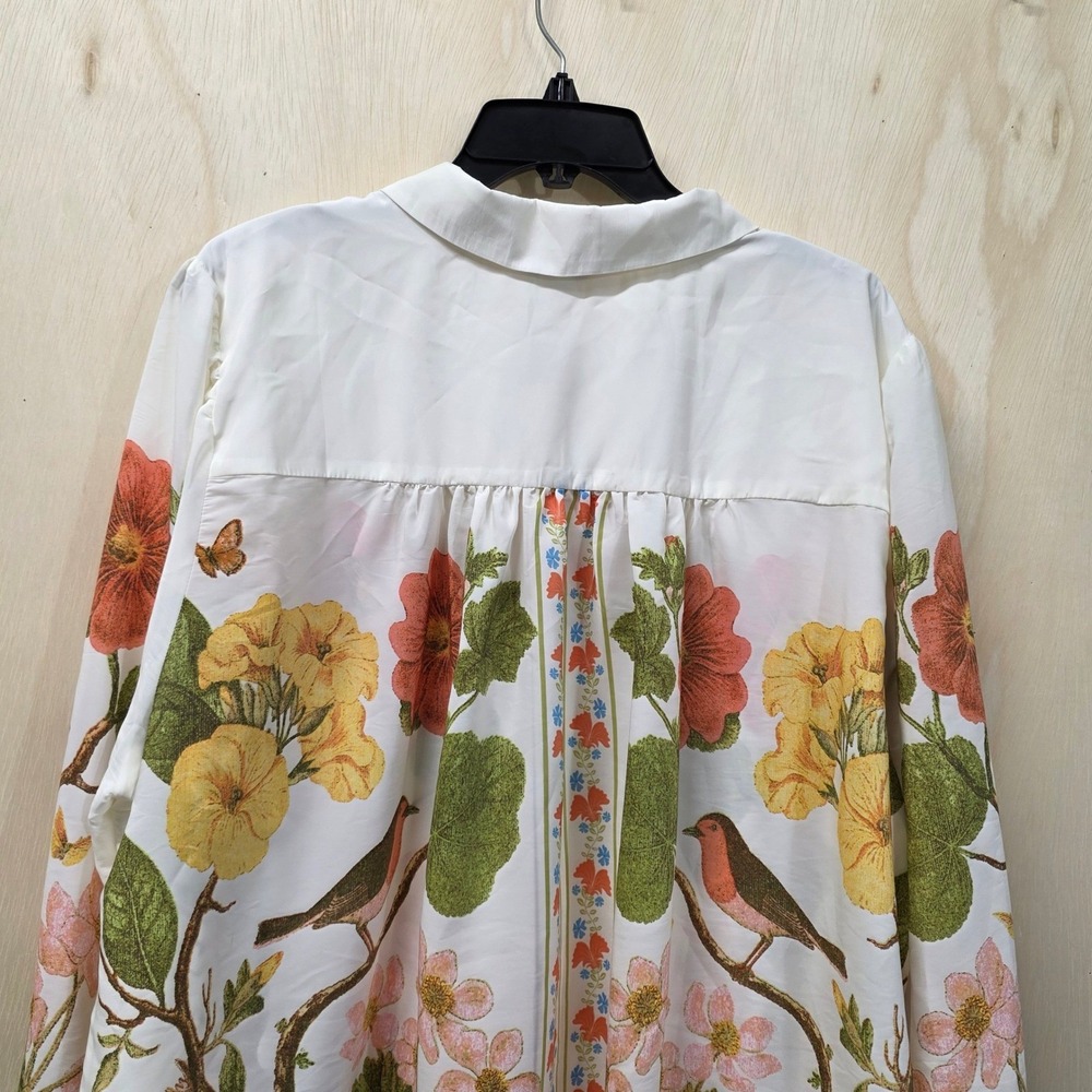 Rose + Olive Floral Bird Print Button Down Blouse White Plus 3X Long Sleeve - Picture 10 of 16